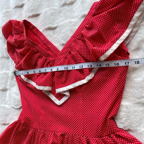 🔥Vintage 80s Swiss Polkadots Striped Ruffled Overlay Full Skirt Dopamine Dress - Picture 15 of 17